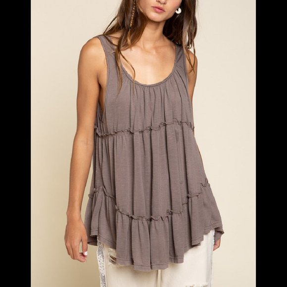 POL Ash Brown Ruffle Tank Top Open Low Scoop Back Relaxed Fit - Picture 1 of 4